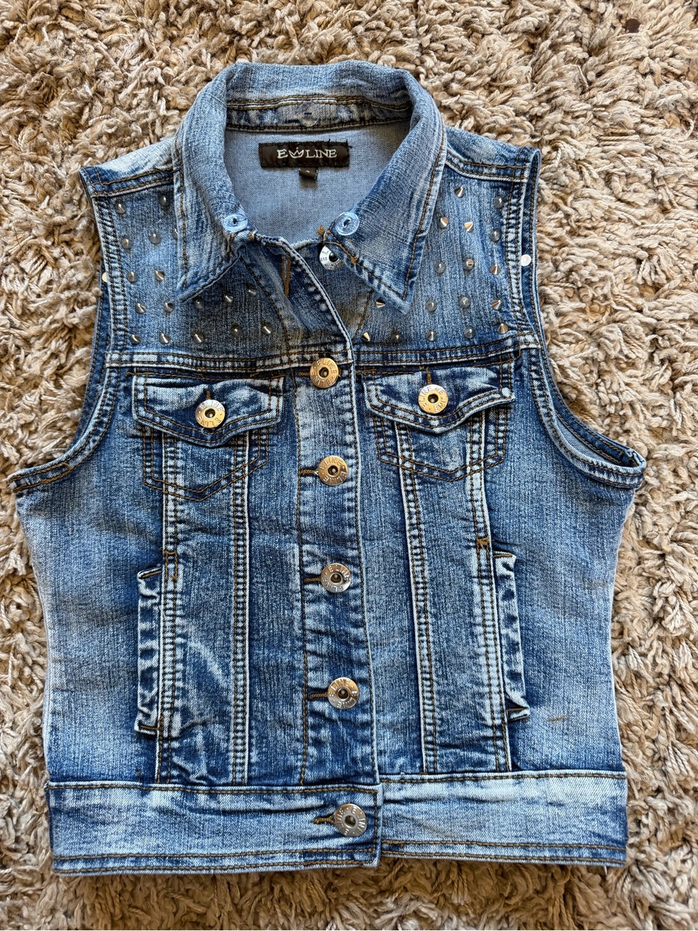 Ewline Women’s Blue Denim Studded Button Front Collared Vest Sleeveless S